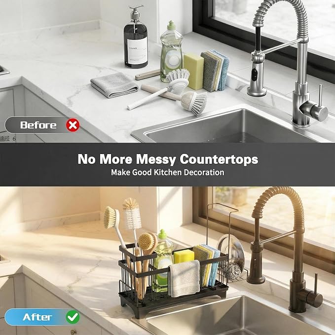 Sponge Holder for Kitchen Sink, Self-Draining Sink Caddy with Detachable Cloth & Dish Brush Rack, Metal Sponge Caddy Organizer for Kitchen Countertop Organizers and Storage Accessories, Black