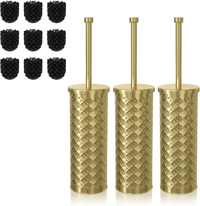 Toilet Bowl Brush and Holder Set 3 Pack with 6 Extra Brush Heads | Extra Long Handle with Splash Guard Cover, Tool-Free Installation, Bathroom Space-Saving, Cleaner Sets for Apartments, RV (Gold)