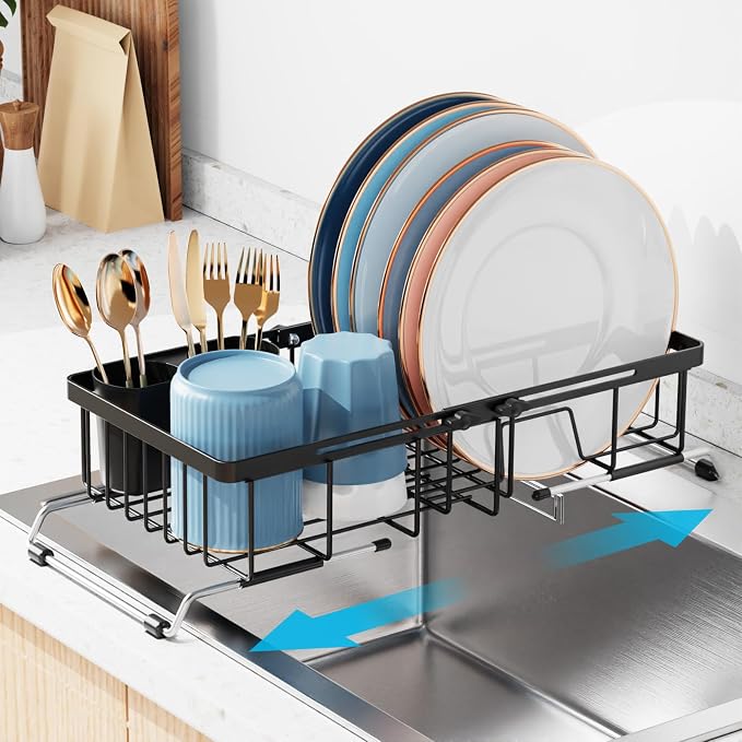 iSPECLE Small Sink Dish Drying Rack, Expandable Narrow Rust Resistant Dish Drainer for RV Apartment Kitchen, Dish Rack with Tightening Knob, Arms with Non Slip Rubber, 9.2" W x 16.6"-24" L, Black | Rust Resistant, Locking Knob Stability, for Small Kitc...