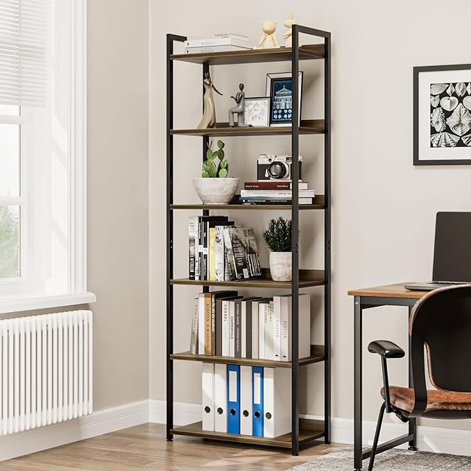 NUMENN Bookshelf, 6 Tier Freestanding Shelving Unit, Dark Walnut | Metal Frame & Wood Shelves, Falling Prevention Baffle, Open Storage Bookcase for Bedroom, Living Room & Home Office