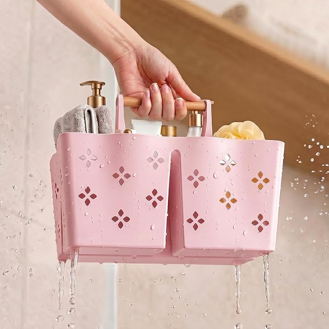 GVY Plastic Shower Caddy Portable, Large Capacity Shower Basket with Handle, Divided Bathroom Toiletry Organizer, Quick-Drain Shower Caddy for College Dorm Beach Kitchen Essentials, Pink