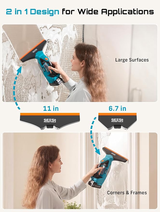 SEESII Cordless Window Vacuum Squeegee, 2000Pa Electric Window Squeegee, 120Mins Battery Life with 11" and 6.7" Squeegees for Mirrors, Glass, Tiles