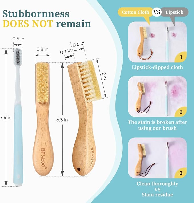 2PCS Laundry Stain Brush - Natural Soft Boar Bristles, Removes Tough Stains from Delicate Fabrics Like Knits, Cotton, and Linens, Gentle on Fabrics, No Damage