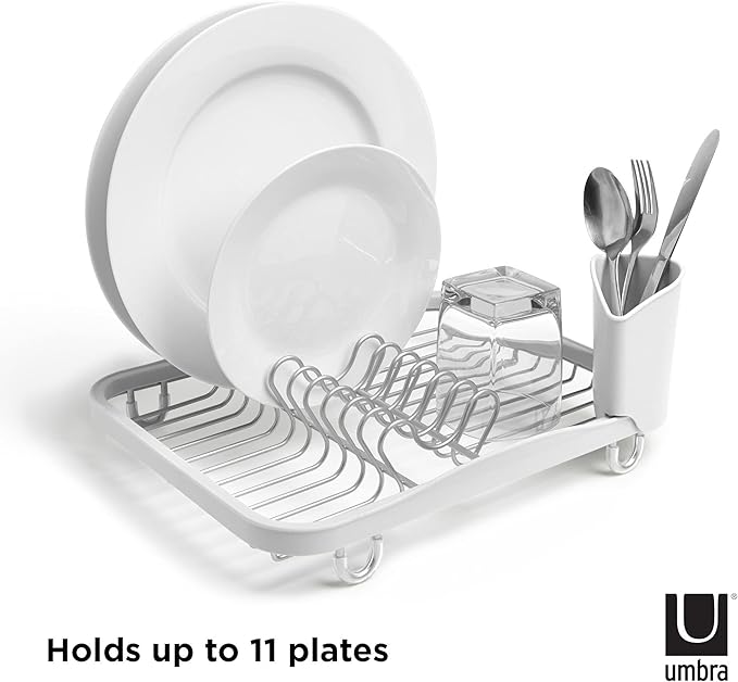 Umbra Sinkin Dish Drying Rack – Drainer Caddy with Removable Cutlery Holder – Use in Sink or On Counter, Standard, White/Nickel