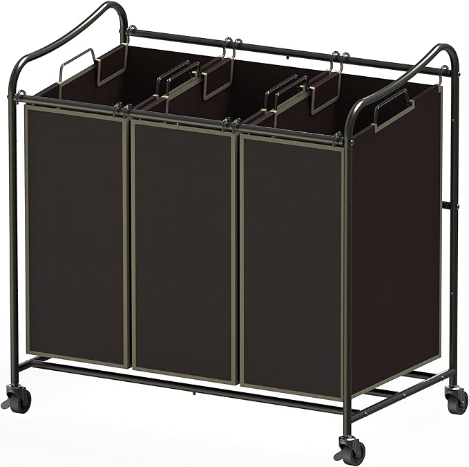 Simple Houseware Heavy Duty 3-Bag Laundry Sorter Rolling Cart, Bronze | Removable Bags and Lockable Wheels for Laundry Room Organization
