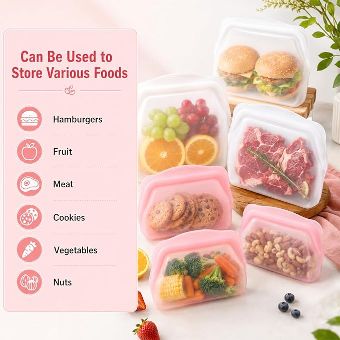 Everbag Silicone Storage, Everbag Food Storage Bags, Reusable Storage Bags, Leak-Proof Upright Freezer Bags (White+Pink)