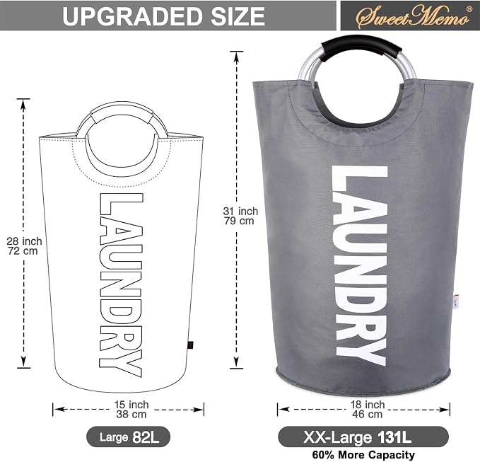 2-Pack XXL Laundry Basket, Big Laundry Hamper Bag, Handles, 130L Dark Grey | Freestanding Tall Dirty Clothes Hamper, Collapsible and Portable Laundry Bin for Dorms and Bedrooms, Thick, Sturdy Fabric