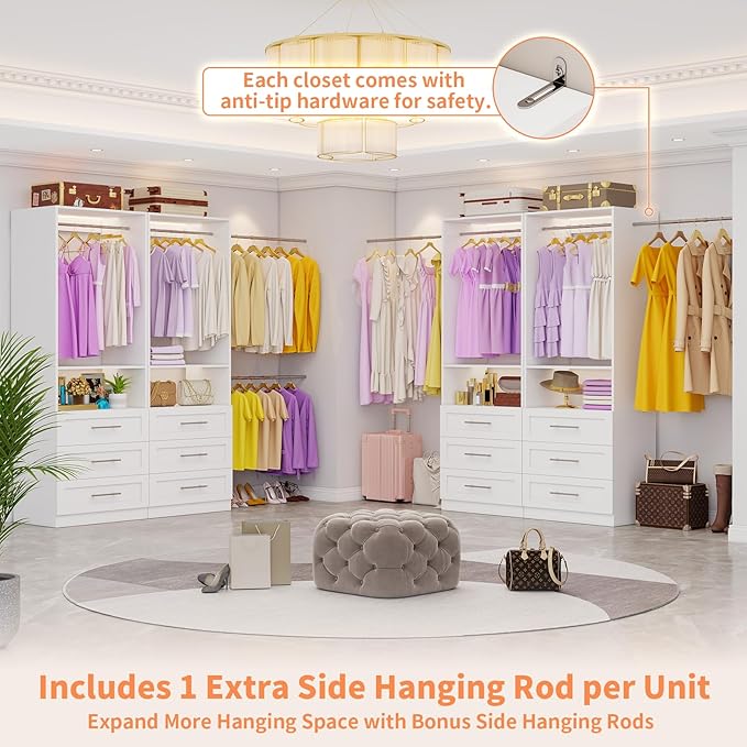 Closet System Set of 4, Closet System with 12 Drawers, 8 Rods & 4 Shelves, 8-21FT Walk in Modular Closet Organizer System, DIY Custom Built in Wood L Shape Closet Organizer Kit, White
