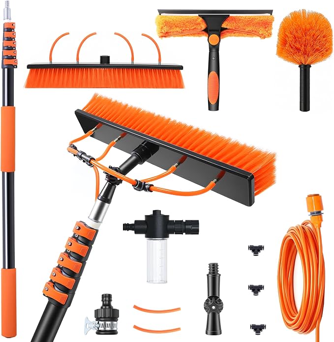 Solar Panel Cleaning Kit with 5-20ft Telescoping Pole, Water Fed Pole Window Cleaning System with Soap-Dispenser, Brush, 11″Squeegee & Cobweb Duster for Snow Removal, Windows, RVs, Decks