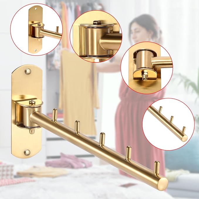 Sumnacon Clothes Rack, 2 Pcs Stainless Steel Clothes Hanger, Wall Mounted Clothes Hanging Organizer, Drying Rack with Swing Arm, Space Saving Hangers for Bathroom Laundry Room Closet, Gold