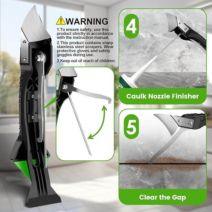Goopreen 5 in 1 Caulking Tool Silicone Caulking Grout Removal Sealant Finishing Tool with Stainless Steel Head, 6 Replaceable Pads, Gap Seam Repair Kit for Kitchen Bathroom Sink Toilet Caulking