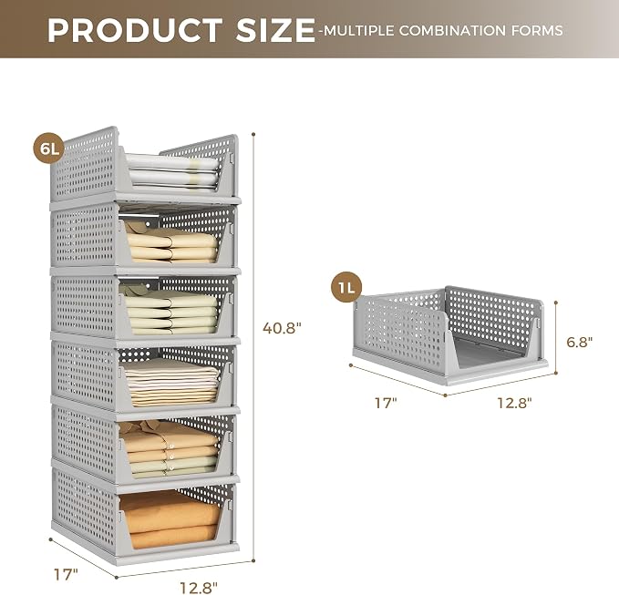 Pinkpum Grey 6 Pack Closet Organizers Storage Bins, Stackable Plastic Drawer Basket for Clothing, Stackable Storage Bins Shelf Storage Container for Closet Wardrobe Bedroom Bathroom Office