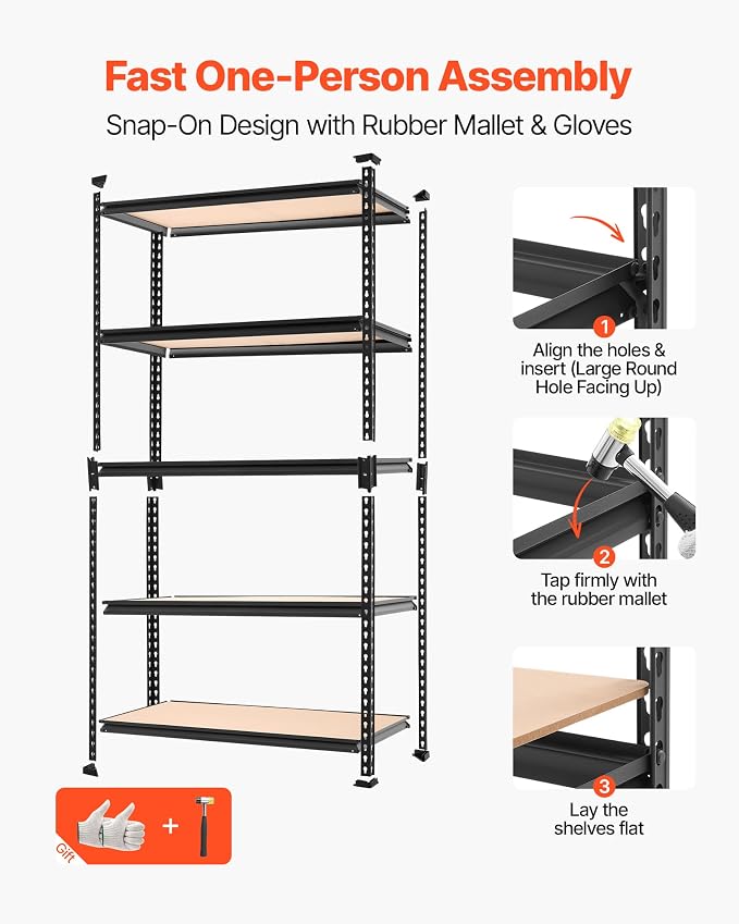 VEVOR Storage Shelves, 5-Tier Adjustable, 2000 lbs Capacity, Heavy Duty Garage Storage Shelving Unit, Metal Utility Rack Shelf, for Garage Warehouse Basement Kitchen, 36.34" W x 18.07" D x 71.38" H