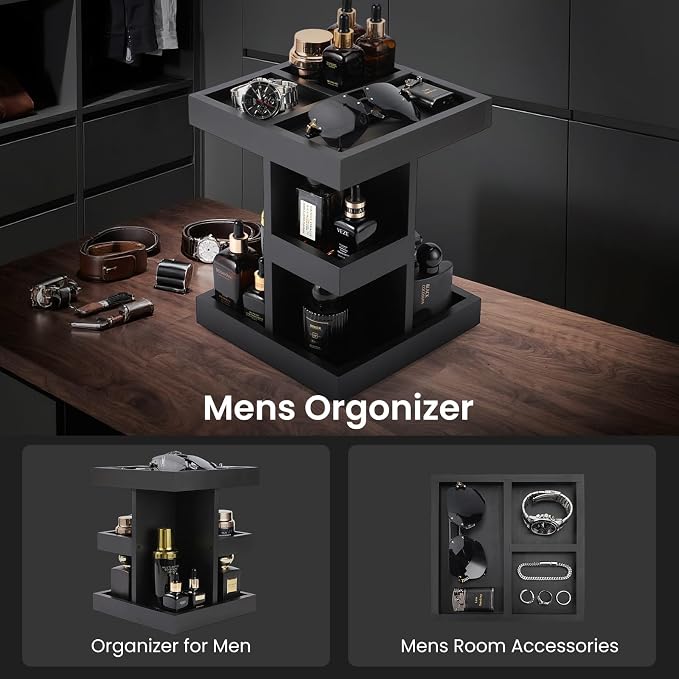 EXIN DECHEN Cologne Organizer for Men,Birthday Gifts for Men,Wooden Black | Easy Installation,360° Rotating,Boyfriend Husband Dad Gift Ideas,Mens Accessories for Desk,Bathroom Countertop,Vanity,Dresser