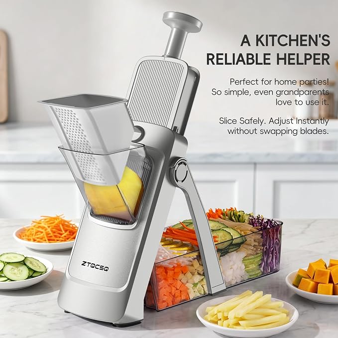 Vegetable Slicer with Adjustable Thickness, Easy to Clean Potato Mandoline Slicer with Container, Rapid Prep Veggie Cutter/Onion Slicer, Free Grater/Cleaning Brush (SliverGray)