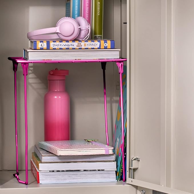 LockerMate Stac-A-Shelf Locker Organizer Shelf, Stackable, Extra Tall, Fits Standard Size School Lockers, Pink