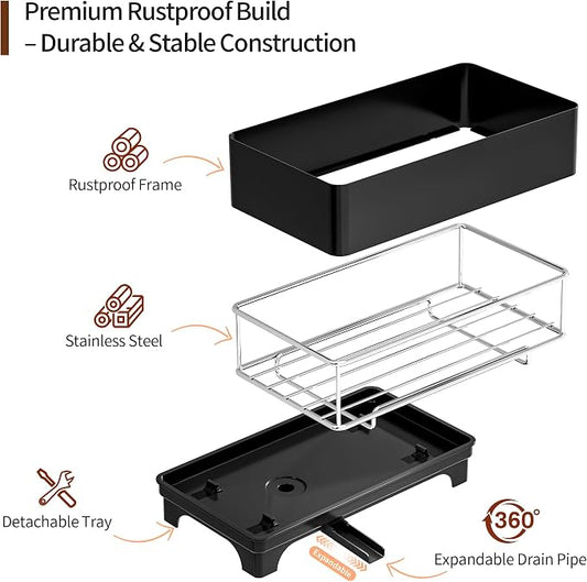 MOUKABAL Sponge Holder for Kitchen Sink – Rustproof Stainless Steel, 360° Rotating Drain Pipe, Large Counter Organizer with Drip Tray for Sponges, Brushes & Dish Cloths Black