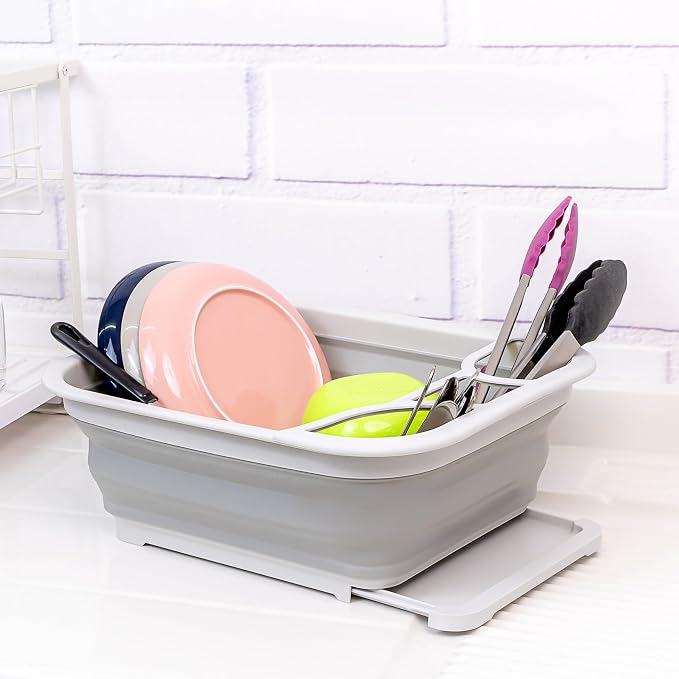 SAMMART Collapsible Dish Drainer with Drainer Board - Foldable Drying Rack Set - Portable Dinnerware Organizer - Space Saving Kitchen Storage Tray (1, Grey)