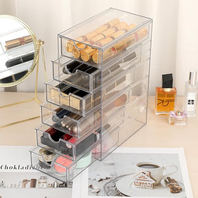 Hipiwe Plastic Drawer Organizer Desktop Storage Box with 6 Pull Out Drawers | Clear Compact Drawers Box for Cabinet Vanity Bathroom Bedroom Pantry Shelf Office Closet Organization