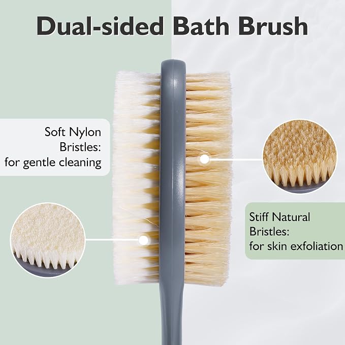 VANZAVANZU 17 Inch Anti-Slip Long Handle Back Scrubber for Shower – Dual-Sided Shower Brush and Shower Back Scrubber with Soft and Stiff Bristles for Wet or Dry Brushing (Gray)