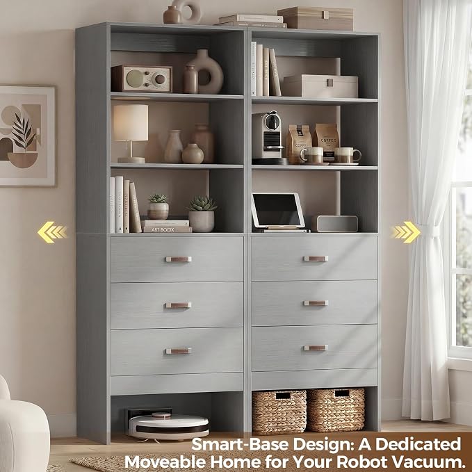 Armocity Freestanding 2FT Closet System with Leather Handles, 24" Walk-in Closets Storage Unit with Cabinet, Wood Wardrobe Closet Organizer and Storage with 3 Drawers for Small Space, Laundry, Grey