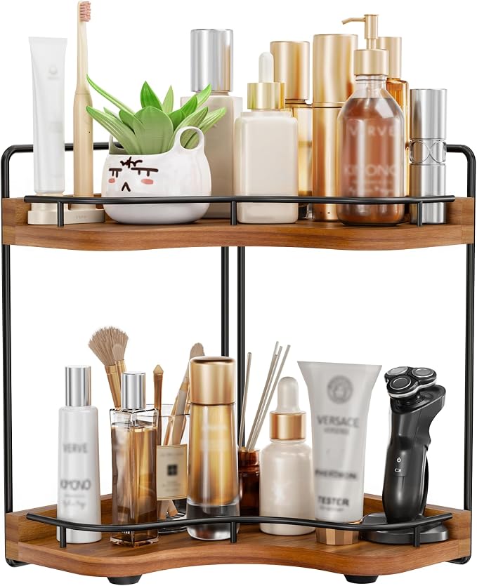 2-Tier Corner Bathroom Counter Organizer, Larger Size | Embedded Screw Holes, Sturdy & Stable, Oversized, Holds More, Vanity Shelf for Makeup & Skincare, Acacia wood-Brown