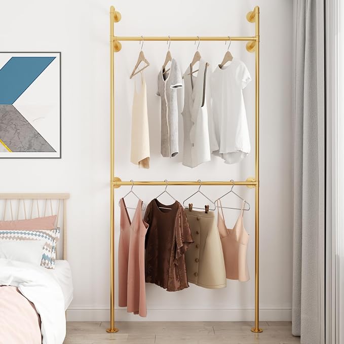 ORSENIGO Industrial Pipe Clothing Rack, Heavy Duty Metal Clothes Rack with Double Rods for Hanging Clothes, Wall Mount Space-Saving Garment Display Rack (Single, Gold)