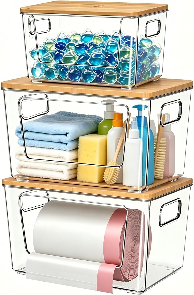 spospo 3 Pack Trash Bag Holder with Bamboo Lid, Stackable Trashbag Dispenser, Extra Large Garbage Bag Holder for Kitchen Laundry Room Under Sink Organization and Storage