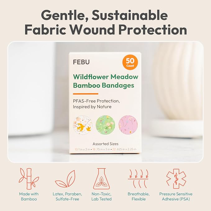 FEBU Wildflower Meadow Print Bamboo Fabric Bandages, 50 Count Strip | PFAS-Free, Natural Hypoallergenic, Compostable, Latex Free; For Scraps, Cuts and First Aid