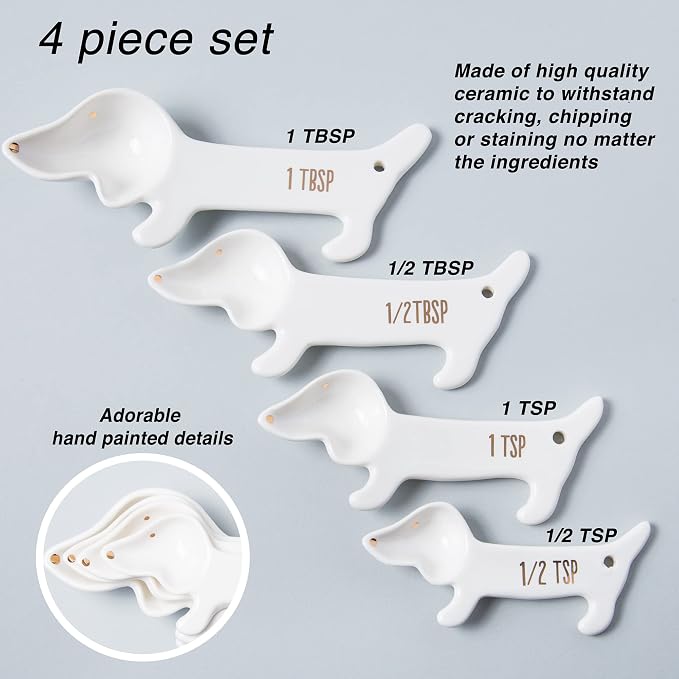 VOTUM Dachshund Measuring Spoons, Ceramic, Set of 4, Dog Lover Gifts | Weiner or Wiener Dog Themed Kitchen Baking Tools, White Ceramic, Gift for Dachshund Lovers