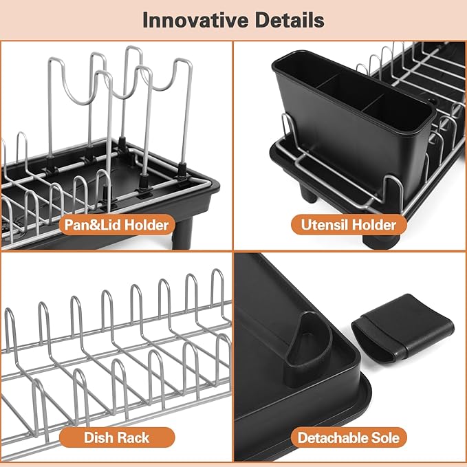 Small Dish Drying Rack for Kitchen Counter, Dish Rack with Detachable Utensil Holder and Draining Tray, Upgraded Load-Bearing Design for Plates Cutlery Pans and Pot Lids, Black