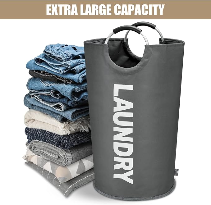 DOKEHOM 90L Large Laundry Basket Bag, Collapsible Tall Hamper, Dark Grey | Freestanding tall washing bin & foldable laundry bag. High-capacity clothes storage basket with durable sturdy handles