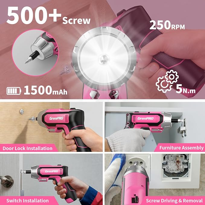 GRENPRO 4V Cordless Electric Screwdriver Set 29-Piece, Pink | Built-In Non-Removable Battery Charges via USB, Not Sold Separately, Included Bits Support Home Repairs and Assembly