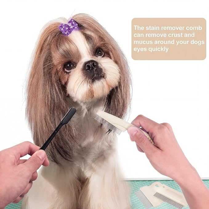 Fullhawl 5 Pieces Dog Eye Combs Tear Stain Remover Combs Pet Grooming Comb for Small Dogs Gently Removing Eye Mucus and Crust (Beige, Black)