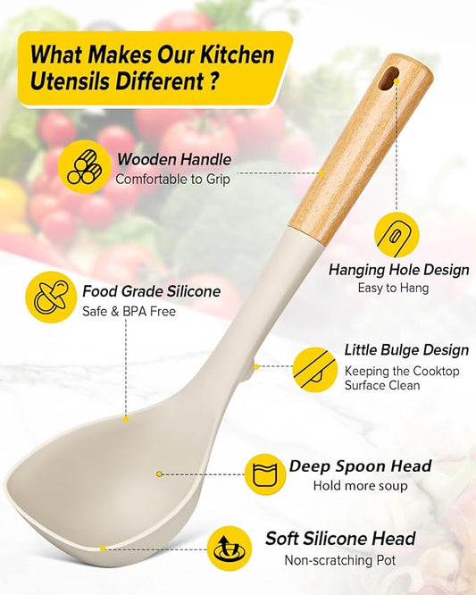 Silicone Soup Ladle and Spaghetti Spoon Set with Wooden Handle, Non Stick Heat Resistant Kitchen Utensils for Cooking, Stirring, Serving Pasta, Soup & Sauce(KHAKI)