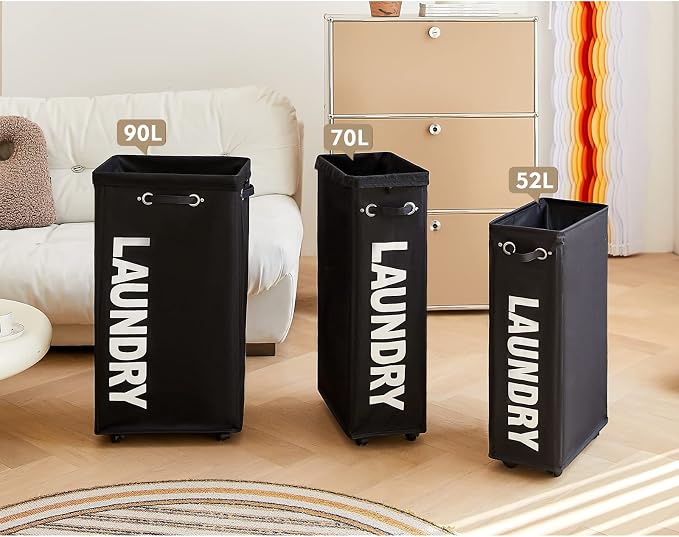DOKEHOM 29" Enlarged Slim Rolling Laundry Basket Hamper on Wheels, Black | Collapsible tall laundry hamper with removable mesh wash bag. Foldable narrow corner clothes storage bin for small spaces