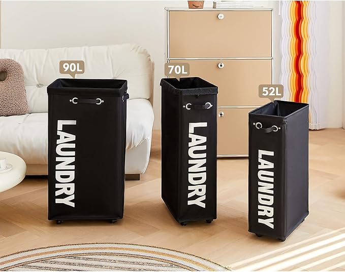 DOKEHOM 25" Slim Rolling Laundry Basket Hamper, Narrow on Wheels, Black | Collapsible narrow laundry hamper with mesh drawstring closure. Foldable corner clothes storage bin for small spaces