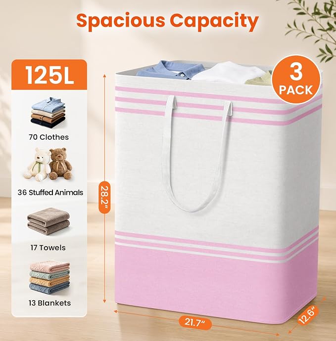 TranquilRelax 3-Pack Laundry Basket, Laundry Hamper, Pink-125L | Freestanding＆Water-Resistant Laundry Hamper, Collapsible Tall Clothes Hamper with Carry Handles for Clothes, Laundry Basket