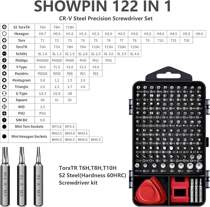 Precision Screwdriver Set, SHOWPIN 122 in 1 Computer Screwdriver Kit | Laptop Screwdriver Sets with 101 Magnetic Drill Bits, Electronics Tool Kit Compatible for Computer, Tablet, PC, iPhone, PS4