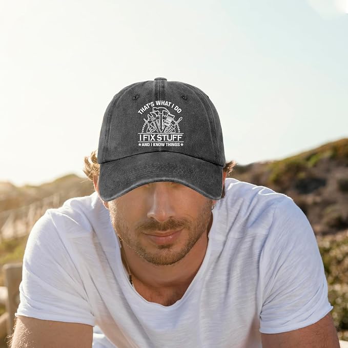 Funny Tool Hats That's What I Do I Fix Stuff and I Know Things Printed Cotton Adjustable Baseball Caps Men's Distressed Black Baseball Hats Trendy Birthday Gifts for Dad Husband Neighbor