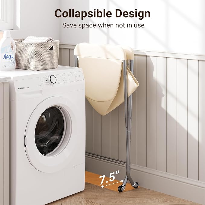 ELYKEN Laundry Basket with Wheels, Collapsible Laundry Hamper, Cream | Removable Liner Bag, Foldable Design, 118L Capacity, Sturdy Metal Frame, 4 Casters, Laundry Cart for Bedroom, Laundry Room