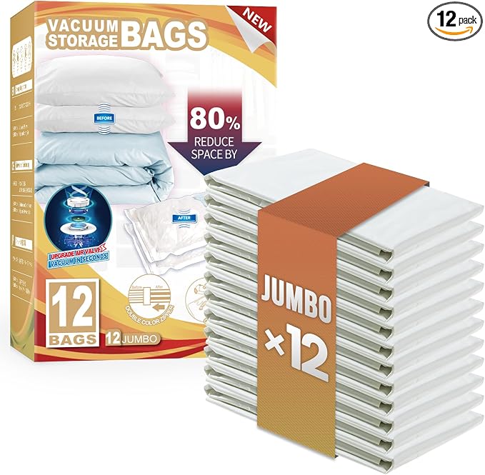 TAILI 12 Pack Vacuum Storage Bags, Jumbo Size (31×40 inch), Vacuum Seal Bag for Clothing, Bulky Bedding, Comforter, Blankets, Pillows, Space Saver Packing