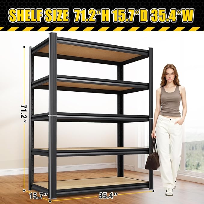 3 Pack Garage Shelving Heavy Duty Storage Shelves, Metal Adjustable Shelving Unit, Utility Garage Organizer Shelf for Basement, Pantry, Kitchen, Warehouse, 71.2" Hx35.4 Wx15.7 D, Black
