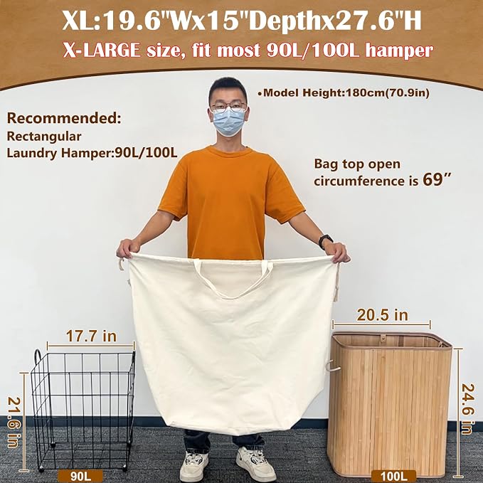 Canvas Laundry Bags with Handles & Rectangular Base, 20"Wx15"Dx27.6"H Beige | Extra Large Heavy Duty Laundry Basket Hamper Liner Replacement, Washable Drawstring Dirty Clothes Bag, Canvas Storage Sack