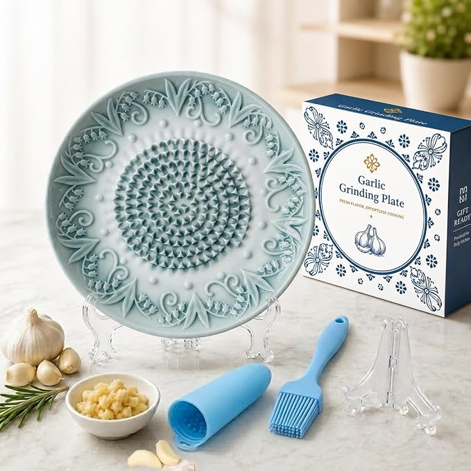 Ceramic Garlic Grater Plate Set with Rack & Cleaning Brush (Grey) | Textured ceramic surface grates garlic, ginger and tomatoes quickly; includes rack, brush and peeler for easy kitchen use