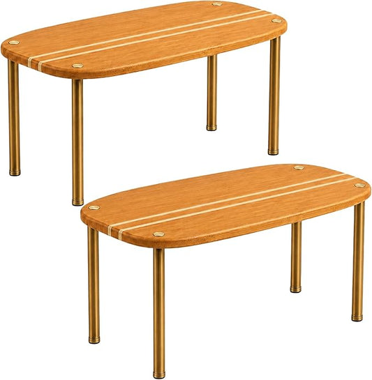Ibyx Cabinet Organizer Set of 2 - Kitchen Pantry Organizers and Storage with Bamboo Top & Brass-Effect Metal Legs - for Kitchen Counter & Stackable Shelves for Cabinets with 22 lb Capacity - Brown