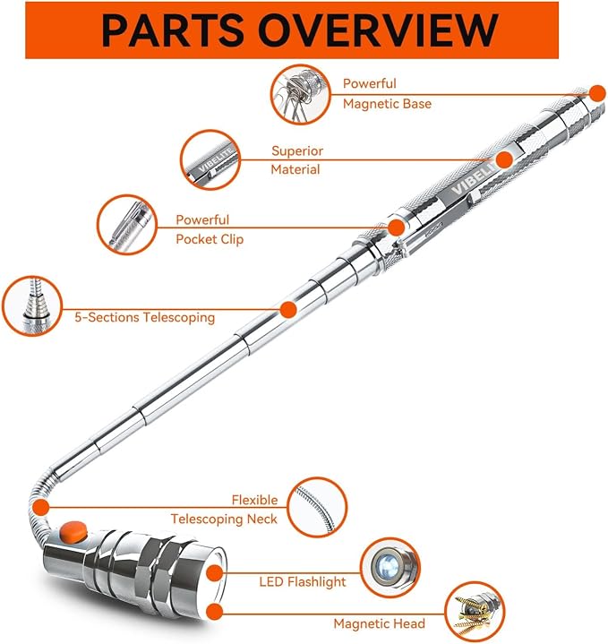 Extendable Magnetic Flashlight with Telescoping Magnet Pickup Tool, 2 Pack | Cool Gadget, Dad Gifts, Birthday Gifts for Men, Dad, Husband, Him, Father, Mechanic, Boyfriend, Women, Silver