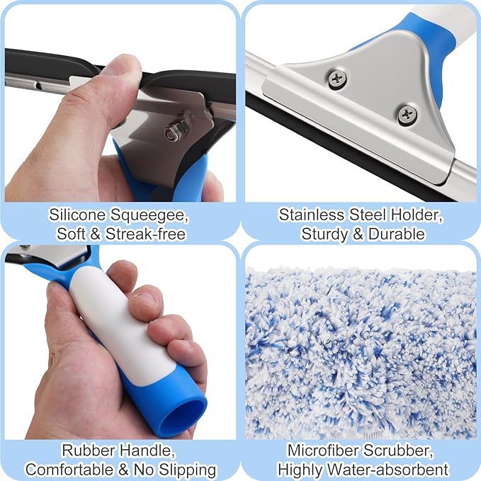 Mitclear Professional Window Cleaning Kit, Include Compact Cleaning Bucket 3 Gallon, Silicone Squeegee, Microfiber Scrubber, Cloth, All-in-one Window Cleaning Supplies, Commercial & Household Use