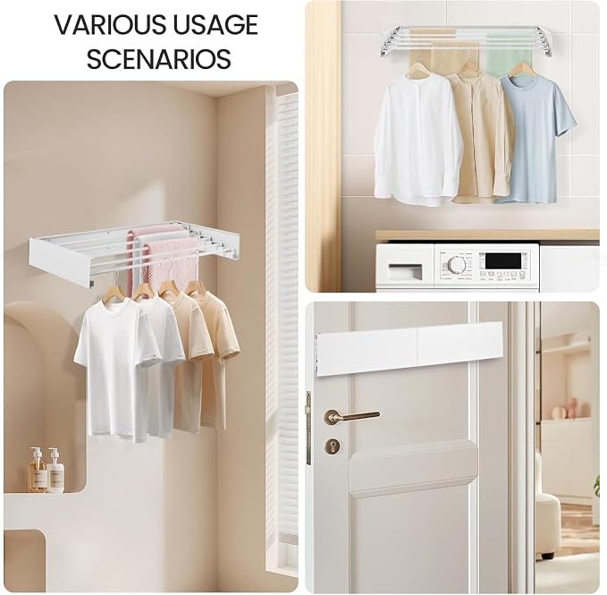 Wall Mounted Laundry Drying Rack, Carbon Steel Foldable & Retractable Clothes Drying Rack, Space Saving Adjustable Towel Holder for Bathroom, Laundry, Small Spaces (1, White, 50cm)
