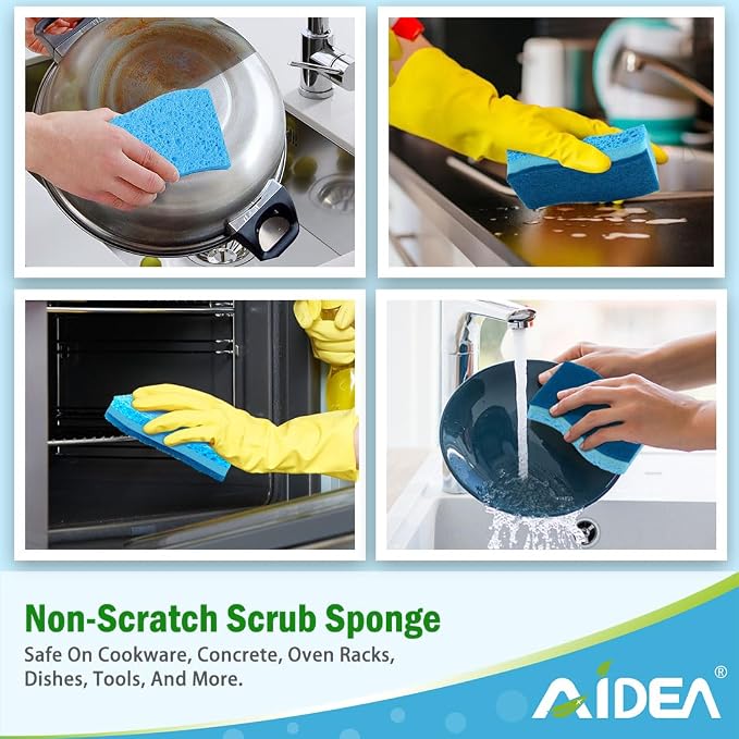 AIDEA Sponges Kitchen, Non-Scratch Scrub Sponge,12Count, Sponge for Dishes | Kitchen Sponges for Non-Stick Cookware, Cleans Fast Without Scratching, Cleaning Power for Kitchen, Bathroom, Household
